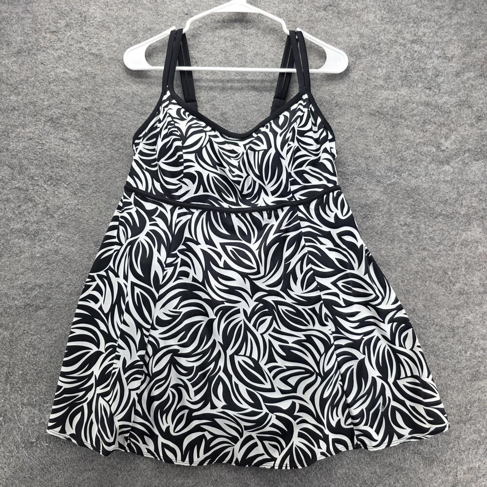Longitude Swimsuit Dress Womens 16W Black White Leaf Print Tankini Swimwear Plus